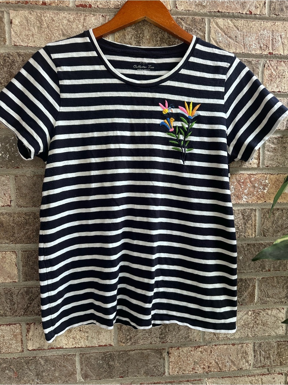 J. Crew Black & White Striped Cotton Collector Tee with Floral Embroidery Large